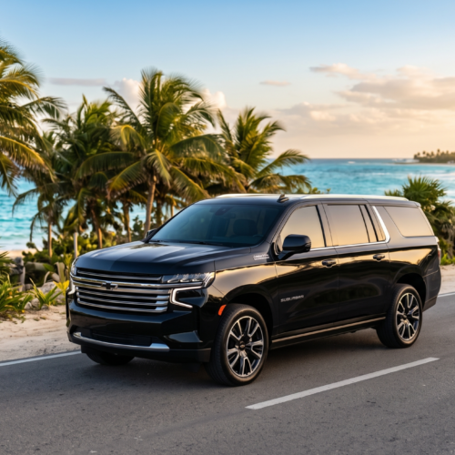 Raíces Latinas Travel - Chevrolet Suburban VIP lateral Vista lateral de Chevrolet Suburban con logo visible - Traslado VIP en la Riviera Maya con Raíces Latinas Travel