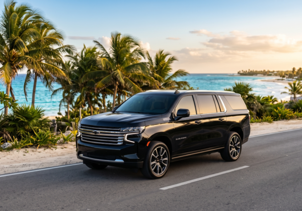 Raíces Latinas Travel - Chevrolet Suburban VIP lateral Vista lateral de Chevrolet Suburban con logo visible - Traslado VIP en la Riviera Maya con Raíces Latinas Travel